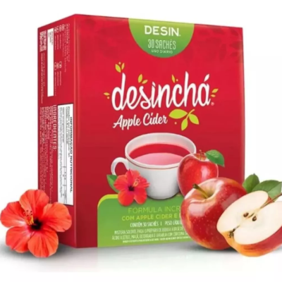 Caixa vermelha de chá desinchá Apple Cider com maçãs e flores