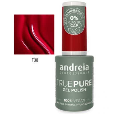 Frasco de verniz gel Andreia True Pure cor vermelha T38, rótulo cinzento e texto informativo em branco