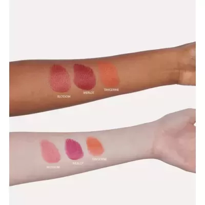 Amostras de batons BLOSSOM, MERLOT e TANGERINE em dois tons de pele diferentes