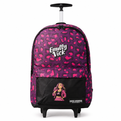 Mochila rosa e roxo com padrão animal print e personagem feminina no bolso