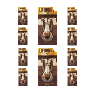 Embalagem Lip Bunny formato coelho de chocolate marrom e creme com texto na frente