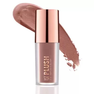 Frasco de blush rosa acastanhado com tampa dourada e texto dourado