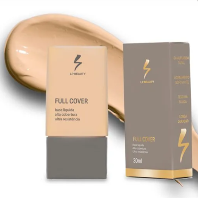 Base líquida full cover LP Beauty com embalagem e caixa ao lado
