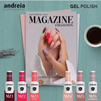 Seis frascos de verniz gel Andreia Professional em várias cores, revista e chávena de café numa mesa azul clara.