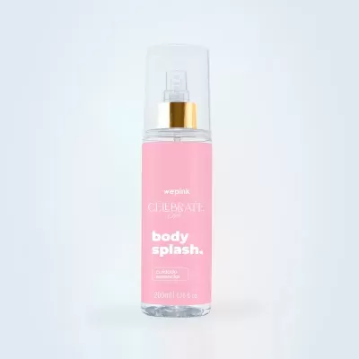 Frasco de spray body splash rosa com tampa transparente e dourada
