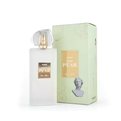 Frasco de perfume e embalagem verde clara com pêras