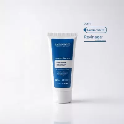 Frasco de creme clareador dérmico Cicatribem com rótulo azul sobre fundo branco