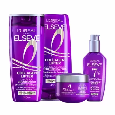 Produtos LOréal Elseve Collagen Lifter em embalagens roxas