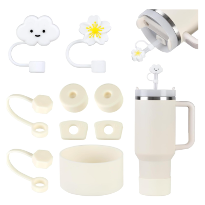 Acessórios para copo térmico silicone creme com desenhos nuvem e flor