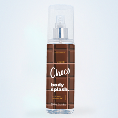 Frasco de body splash WePink Choco com rótulo marrom e tampa transparente
