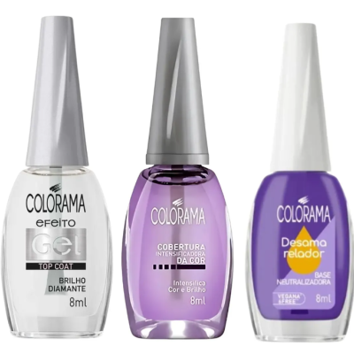 Três frascos de verniz Colorama com tampas cinza e branca, incluindo top coat, cobertura intensificadora e base desamareladora.