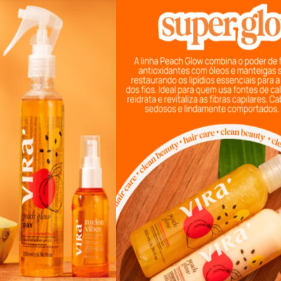 Produtos de beleza da marca VIRÀ em frascos spray laranja e creme com embalagem pequena vermelha num fundo laranja com texto