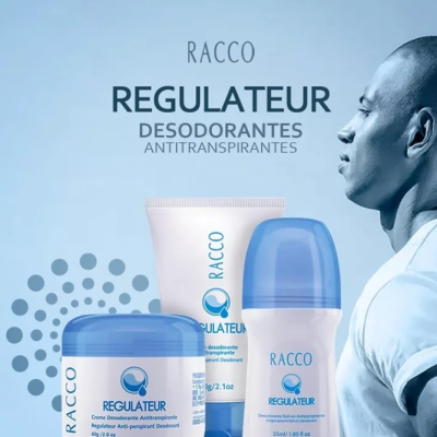 Desodorizantes RACCO REGULATEUR em embalagens azuis e brancas com homem de perfil e fundo azul claro