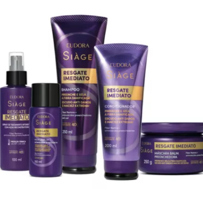 Produtos capilares Eudora Siàge Resgate Imediato em embalagens roxas e douradas