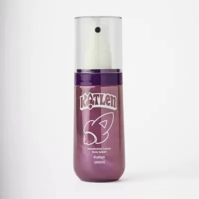 Frasco spray roxo com tampa transparente e texto branco Katlen Body Splash
