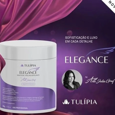 Embalagem branca e roxa de produto cosmético TULÍPIA Elegance com fundo roxo e tecido rosa