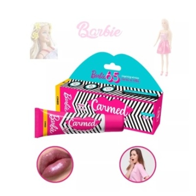 Batons Carmedi edição Barbie 65 com embalagem listrada preta, branca e rosa