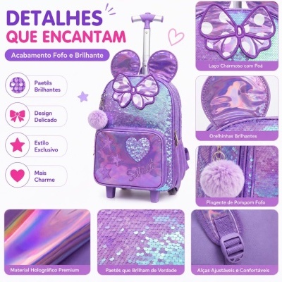 Kit&#x20;Mochila&#x20;de&#x20;Rodinhas&#x20;Infantil&#x20;Roxa&#x20;com&#x20;Lancheira&#x20;e&#x20;Estojo&#x20;-&#x20;Estilo&#x20;Princesa&#x20;Encantada