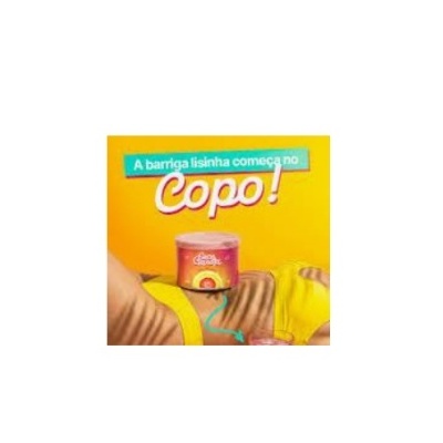 Recipiente de creme sobre barriga de pessoa com roupa amarela e texto promocional