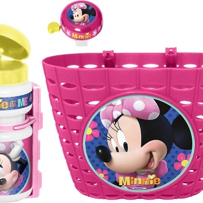 Conjunto Minnie Mouse com cesta rosa e bidão amarelo e branco