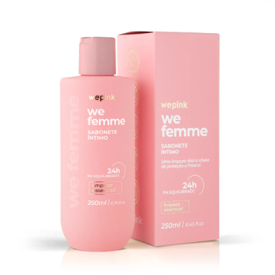 Sabonete íntimo Wepink we femme rosa com embalagem e texto branco e bordô