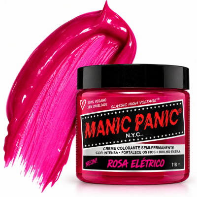 Frasco de creme colorante rosa elétrico neon da marca MANIC PANIC com texto explicativo