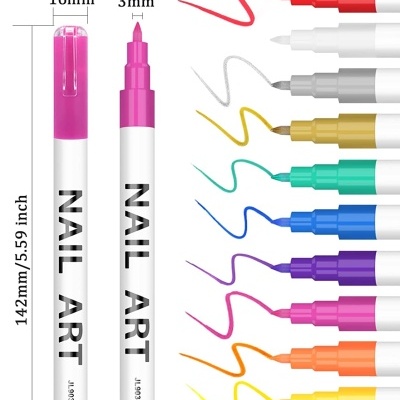 Conjunto de marcadores para nail art com várias cores e dimensões indicadas.