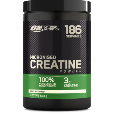 Frasco preto de suplemento Micronised Creatine da Optimum Nutrition