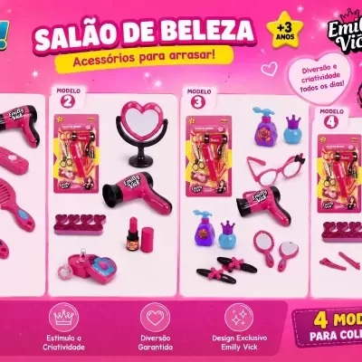 Imagem com quatro modelos de brinquedos de salão de beleza rosa e roxo com vários acessórios e texto promocional em fundo rosa