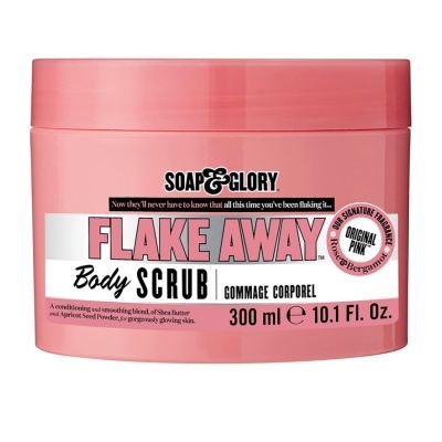Esfoliante corporal Flake Away em frasco rosa com rótulo da Soap & Glory