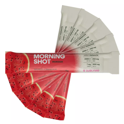 Suplemento alimentar MORNING SHOT sabor melancia em sticks vermelhos com imagem de melancia