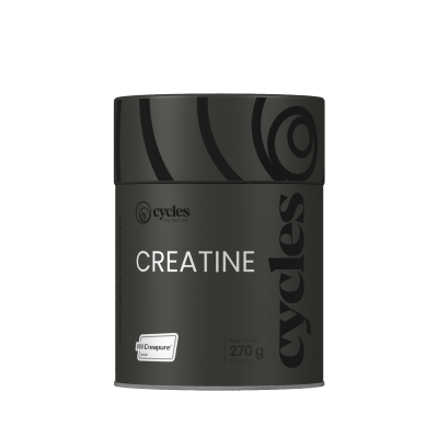 Recipiente preto de creatina em pó da Cycles Nutrition com texto e selo Creapure