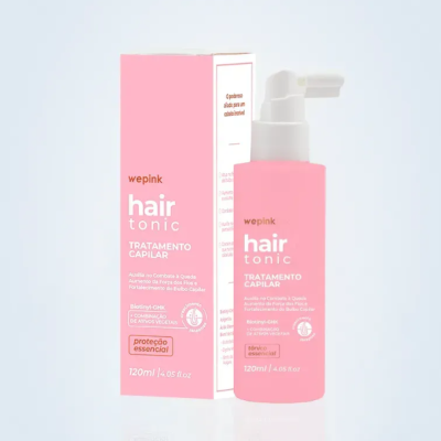 Frasco e embalagem rosa de tratamento capilar Wepink hair tonic