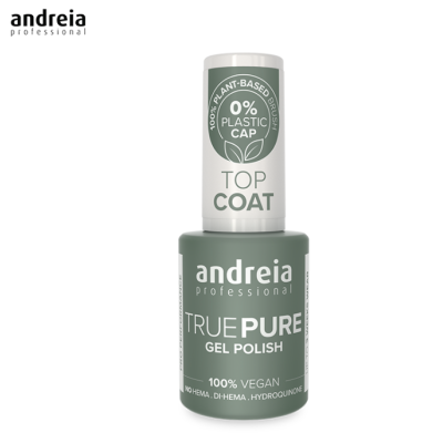 Frasco de verniz gel verde Andreia TRUE PURE com tampa branca e texto informativo