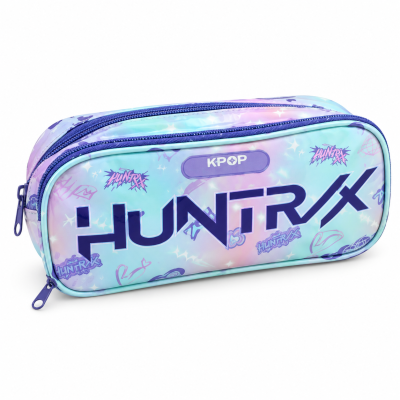 Estojo escolar em azul e rosa com fechos de correr roxos e texto HUNTR/X KPOP
