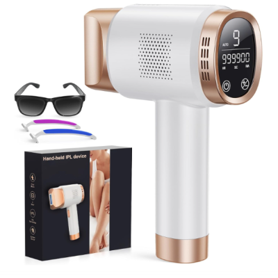 Dispositivo portátil branco e dourado para IPL com acessórios e embalagem
