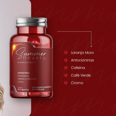 Frasco vermelho translúcido com cápsulas e rótulo branco com texto e lista de ingredientes num fundo vermelho.