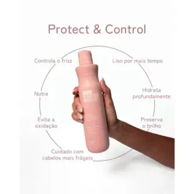 Produto capilar rosa com texto em português e inglês, descrito por características ao redor num círculo