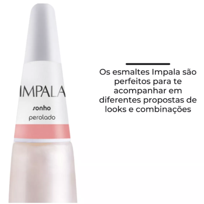 Verniz de unhas Impala perolado em frasco com tampa branca e texto explicativo ao lado
