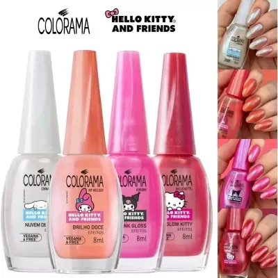 Vernizes Colorama Hello Kitty and Friends com cores branca, laranja, rosa e vermelho e amostras nas unhas