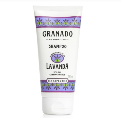 Frasco de shampoo branco com detalhes lilás e texto preto