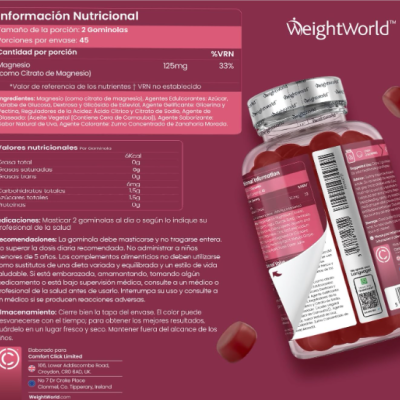 Frasco de suplemento com rótulo detalhado em espanhol e cápsulas vermelhas ao lado