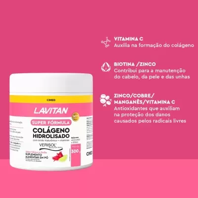 Suplemento alimentar em pó LAVITAN colágeno hidrolisado embalagem branca com rótulo rosa e amarelo em fundo rosa