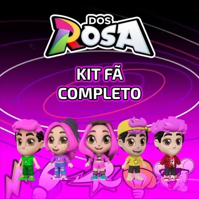 Cinco bonecos cartoon coloridos com cabelo rosa e roupas variadas com texto promocional