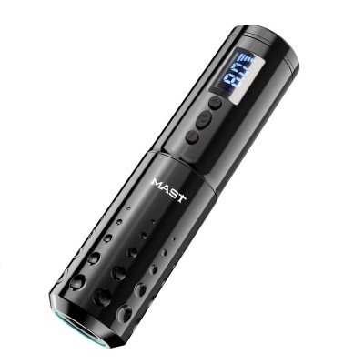 Máquina para tatuagens preta com visor digital e botões.