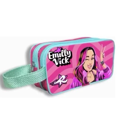 Estojo escolar rosa e azul com figura e texto Emily Vick