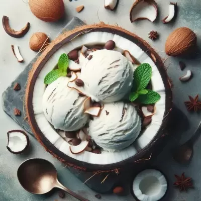 Três bolas de gelado de côco numa taça feita de meia casca de coco com pedaços de coco, folhas de hortelã e grãos de café.