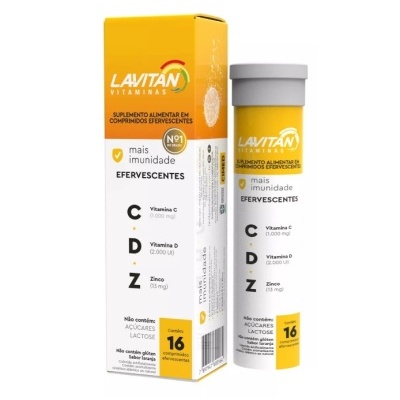 Suplemento de vitaminas LAVITAN comprimidos efervescentes em embalagem e tubo amarelo e branco
