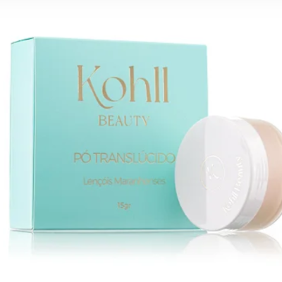 Pó translúcido Kohll Beauty com embalagem azul turquesa e pote transparente