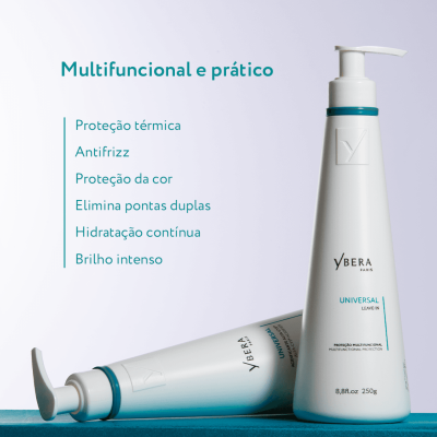 Duas embalagens brancas de produto capilar YBERA PARIS UNIVERSAL LEAVE-IN em superfície azul